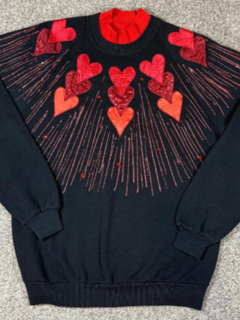 Vintage 90s Heart Sweatshirt Just Ducky Jerzees USA Black Red Applique Large
